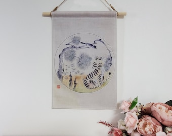 Korean art, Home Decor, Korean traditional, fabric art, art print, cotton, tiger art, tiger printing, wall decor, Korean style, korea tiger