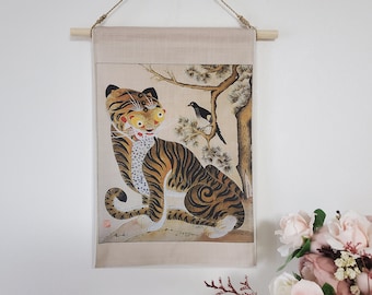 Korean art, Home Decor, Korean traditional, fabric art, art print, cotton, tiger art, tiger printing, wall decor, Korean style, korea tiger