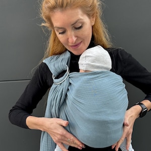 Portabebés de muselina con anillas para recién nacidos y niños pequeños, 100 % algodón orgánico, color azul.