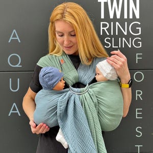 Portabebés Twin Ring, portabebés para gemelos, portabebés para gemelos recién nacidos, 100 % algodón orgánico, portabebés de muselina, portabebés Twin Ring azul menta