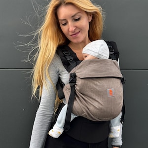 Portabebés de lino, Portabebés con hebilla completa, Nashsling Combi UP, Portabebés para recién nacidos y niños pequeños, Portabebés color topo, Regalo para mamá primeriza