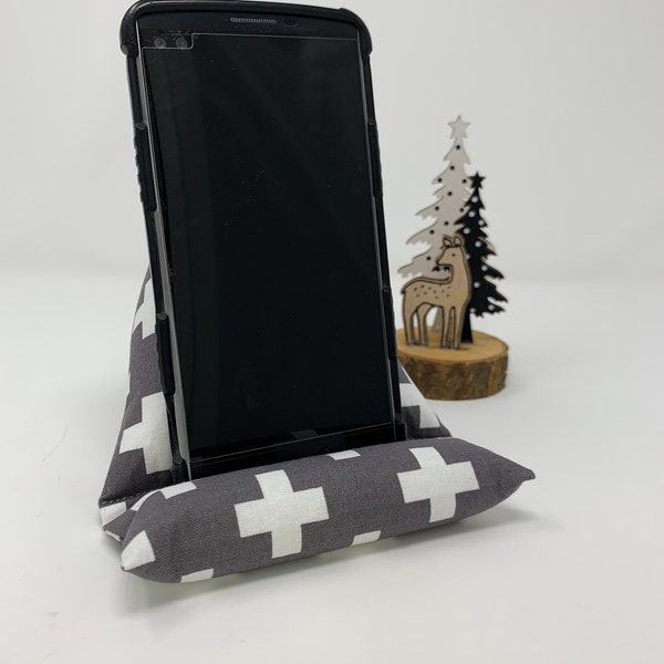 Weighted Phone Stand (White Plus Signs on Gray) Phone Stand, Phone Pillow Stand, Phone Prop, Phone Kickstand