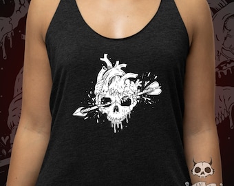 Anatomical Skull Heart Tank Top Racer Back-Gothic Love Graphic Tee-Bloody Heart-Skulls And Love-Arrow Through The Heart Shirt-Flowy Tank