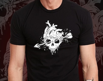 Anatomical Skull Heart T-shirt-Unisex And Women's Tees-Gothic Love Graphic Tee-Bloody Heart-Skulls And Love-Arrow Through The Heart Shirt