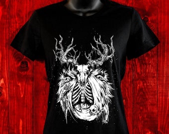 Necromancer-Women's Tee-Buck Skull-Illustration-Art T-shirt-Witchy-Dark Apparel-Occult Tees-Gothic Tee-Magic-Elks-Animal Skulls-Gothic Art