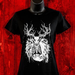 Necromancer-Women&#39;s Tee-Buck Skull-Illustration-Art T-shirt-Witchy-Dark Apparel-Occult Tees-Gothic Tee-Magic-Elks-Animal Skulls-Gothic Art