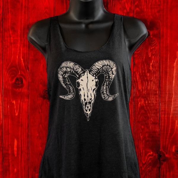 Dark Ram Skull-Tank Top-Gifts For Her-Dark Apparel-Illustration- Art T-shirt-Animal Skull-Ram Skull-Silkscreen art-Occult Gifts-Dark Fashion