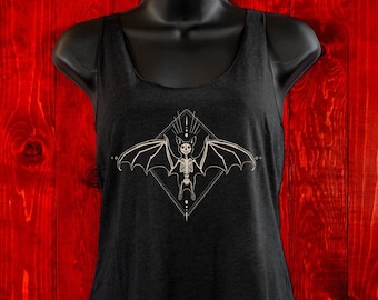 Skeleton Bat-Tank Top-Winged Creature Illustration-Halloween Tee-Witchy-Dark Apparel-Occult Tops-Women's Top-Gothic Top-Bats And Bones