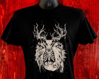 Necromancer-Unisex T-Shirt-Buck Skull-Illustration-Art Shirt-Witchy-Dark Apparel-Occult Tees-Men and Women-Gothic Tee-Magic-Animal Skull