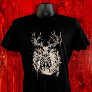 Necromancer-Unisex T-Shirt-Buck Skull-Illustration-Art Shirt-Witchy-Dark Apparel-Occult Tees-Men and Women-Gothic Tee-Magic-Animal Skull
