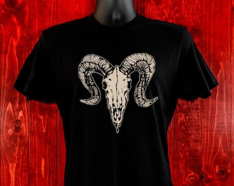 Dark Ram Skull-Unisex Jersey Tee-Dark Apparel-Gothic Gifts-Illustration-Ram T-shirt-Animal Skull-Silkscreen art-Women's-Men's-Occult Apparel