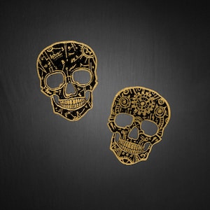 Skull Wood Magnet Set Of Two-Black & Gold-Anatomical Skull-Steampunk Skull-Hand Painted Wood Magnet-Gothic Home Decor-Gifts-Fridge Decor
