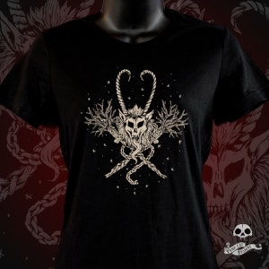 Krampus Women&#39;s T-Shirt-Krampus Skull Emblem-Creepmas-Dark Holiday Art-Devil-Horror Krampus-Christmas-Graphic Tee-Original Illustration
