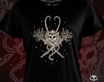 Camiseta feminina Krampus-Emblema de caveira Krampus-Creepmas-Arte de feriado escuro-Devil-Horror Krampus-Natal-Camiseta gráfica-Ilustração original