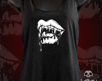 Vampire Bloody Lips Tank Top-Gothic Tees-Vampire Graphic Art Shirt-Lust-Sexy Vampire Lips-Vampire Shirt-Fangs And Lips-Racer Back Tank