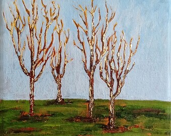 Trees Desert Landscape Painting 6x6x0.8 Canvas Painting Hand Made Golden Leaves