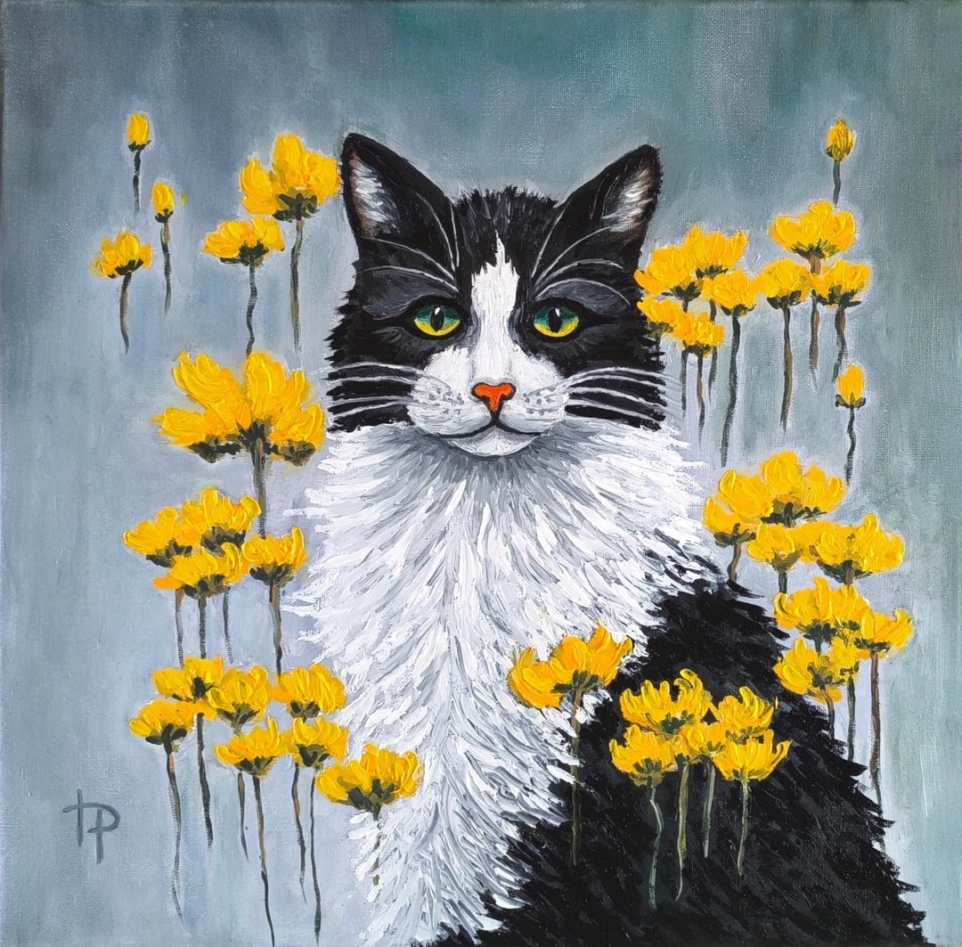 Original Cat Painting Oil on Canvas, Black White Kitty With Yellow ...