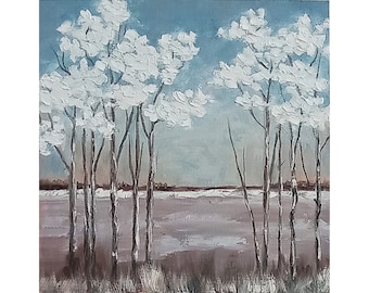 Abstract Winter Landscape Original Oil Painting Trees Wall Art