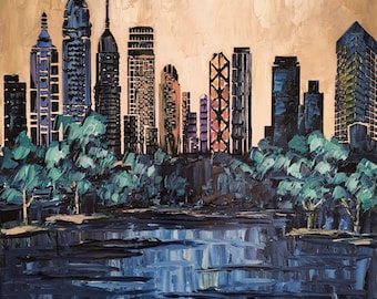 Paysage urbain, peinture à l'huile faite main, coucher de soleil urbain, art urbain, 12 x 12 po. City Bay