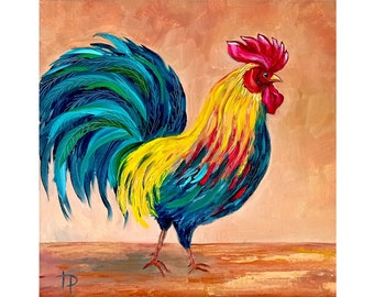 Rooster Painting Bird Art Original Oil Painting Rooster Wall Artwork 12x12" IreneArtGallery