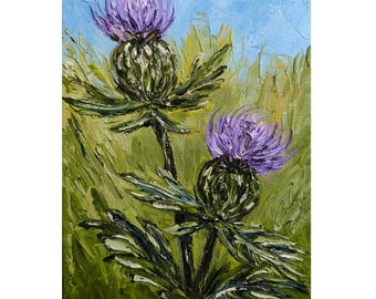Schotse distelbloem olieverfschilderij botanisch kunstwerk paarse wilde bloemen kunst