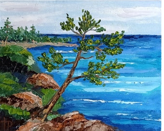 Lagoon Seascape Painting Original Oil Artwork Lonely Tree 8x10" Ocean Coast National Park