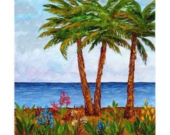 Tropical Beach Painting Original Oil Artwork Palm Beach Seascape Wall Art 10x10" Hand Painted Art