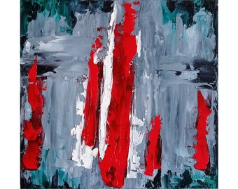 Teksturowany abstrakcyjny obraz olejny, odważna czerwona minimalistyczna sztuka ścienna, 12x12, oryginalne nowoczesne dzieło sztuki