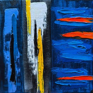 Miniature Abstract Art Handmade Oil Painting 6x6” Blue Modern Wall Art by Irene Pandin