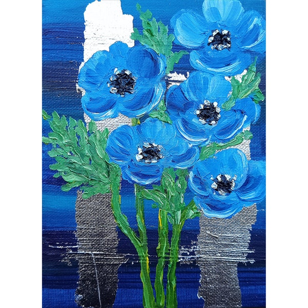 Flowers Painting 5x7" Original Oil Painting Blue Flowers Hand Painted Small Art