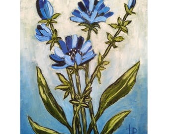 Chicory Botanical Oil Painting Original Floral Expressionist Art Blue Flower Wall Decor 8x10
