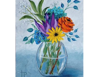 Colorful Flowers Oil Painting Handmade on Canvas 11x14" Expressionist Floral Wall Art