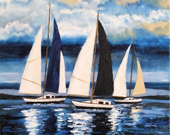 Sailboats Oil Painting Nautical Wall Art Modern Coastal Artwork 12x12" Original Handmade