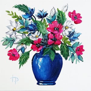 Floral Bouquet Painting Original Oil Artwork Hand Made 8x8 inc. Pink Flowers