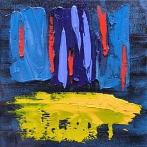 Miniature Abstract Art Handmade Oil Painting 6x6” Textured Canvas Art in Blue, Red, Yellow by Irene Pandin