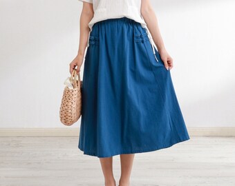 Summer Cotton Skirt Casual Loose Skirts A-line Pleated Elastic Waist Skirt Midi Skirts Customized Plus Size Skirt Boho Linen Skirt