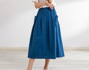 Summer Cotton Skirt Casual Loose Skirts A-line Pleated Elastic Waist Skirt Flared Midi Skirts Customized Plus Size Skirt Boho Linen