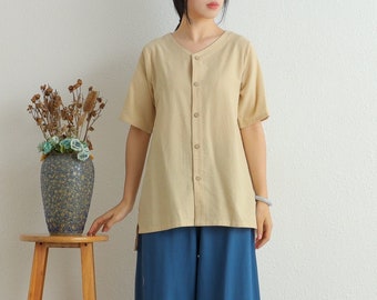 Summer Blouse Cotton Tops Shirt Top V-neck Short Sleeves Blouse Casual Loose Kimono Customized Shirt Top Plus Size Clothes Linen Blouse