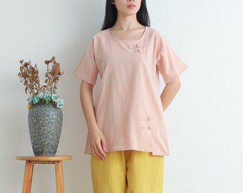 Summer Cotton Tops Women's Shirt Top Short Blouse Casual Loose Kimono Customized Shirt Top Plus Size Clothes Linen Pullover