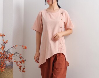 Summer Cotton Tops Women's Shirt Short Sleeves Blouse Irregular Casual Loose Kimono Customized Shirt Top Plus Size Clothes Linen