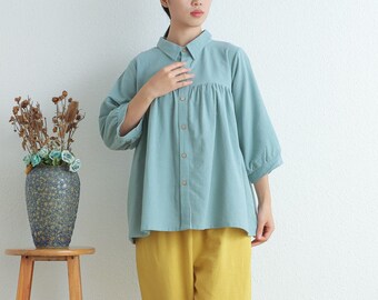 Summer Cotton Tops Women's Shirt Buttons 3/4 Sleeves Blouse Casual Loose Kimono Customized Shirt Top Plus Size Clothes Linen