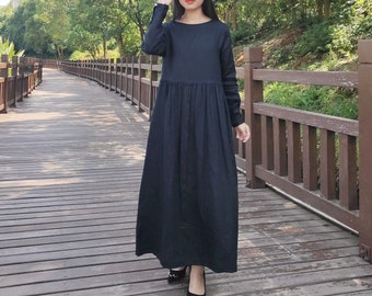 Women's Cotton dress, long sleeves maxi dress, loose casual spring dress, custom made long robe, plus size clothing tunics Linen