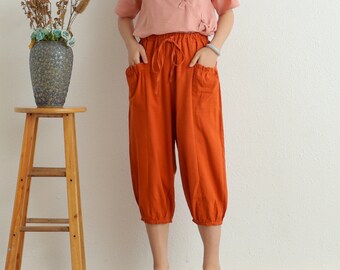 Women Elastic Waist Cotton Pants Soft Casual Loose Boho Trousers Cropped Pants Wide Leg Pant Customized Plus Size Pants Linen