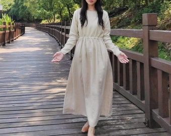 Women's Cotton dress, long sleeves maxi dress, loose casual spring dress, custom made long robe, plus size clothing tunics Linen