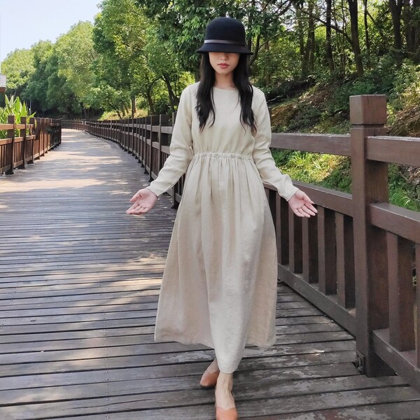 Women's Cotton dress, long sleeves maxi dress, loose casual spring dress, custom made long robe, plus size clothing tunics Linen