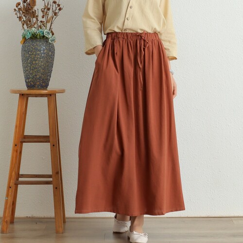 Summer Cotton Skirt Casual Loose Skirts Aline Pleated Elastic Etsy