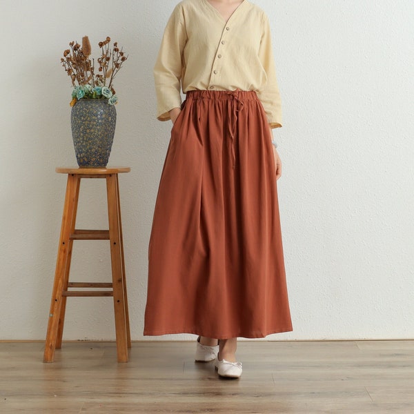 Summer Cotton Skirt Casual Loose Skirts A-line Skirt Elastic Waist Skirt Flared Midi Skirts Customized Plus Size Skirt Boho Linen Skirt