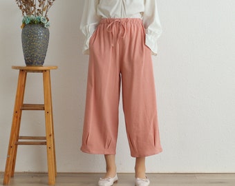 Women Elastic Waist Cotton Pants Soft Casual Loose Boho Trousers Cropped Pants Wide Leg Pant Customized Plus Size Pants Linen Pant