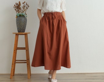 Summer Cotton Skirt Casual Loose Skirts A-line Pleated Elastic Waist Skirt Flared Midi Skirts Customized Plus Size Skirt Boho Linen