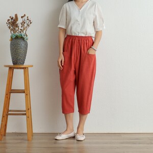 Women Cropped Pants Elastic Waist Cotton Pants Soft Casual Loose Boho Trousers Wide Leg Pant Customized Plus Size Pants Linen image 3